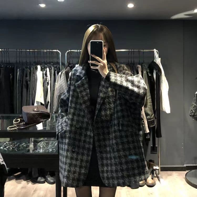 Autumn/Winter Loose Thickened Houndstooth Mid-Length Wool Coat Women's Wool Blazer with Tags and Neck Label