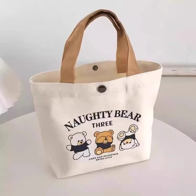 New Bear Print Canvas Bag for Women, Versatile Student Portable Lunch Tote with Handle, Gift Bag Option