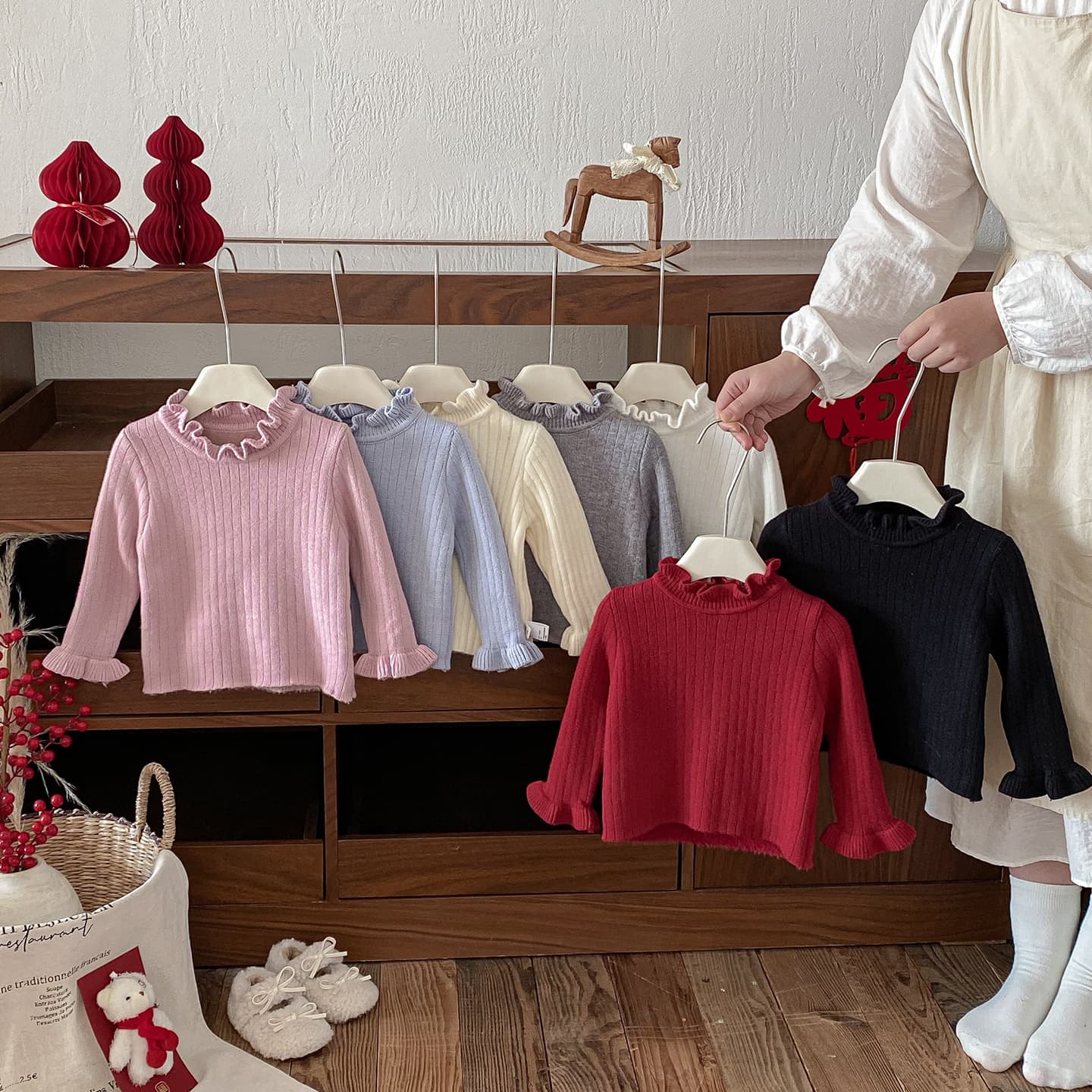 Dianxi Winter New Infant Macaron Fleece-Lined Thickened Sweater, Baby Stylish Versatile Lace Collar Knitwear