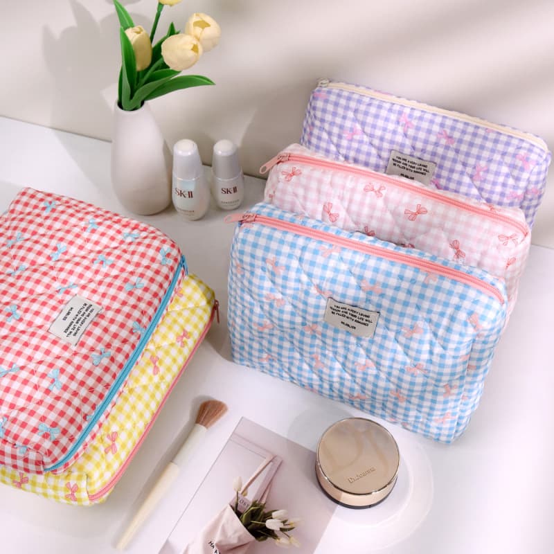 Quilted cotton bow cosmetic bag plaid liner bag large capacity high-value toiletry bag pencil bag cosmetic bag storage bag