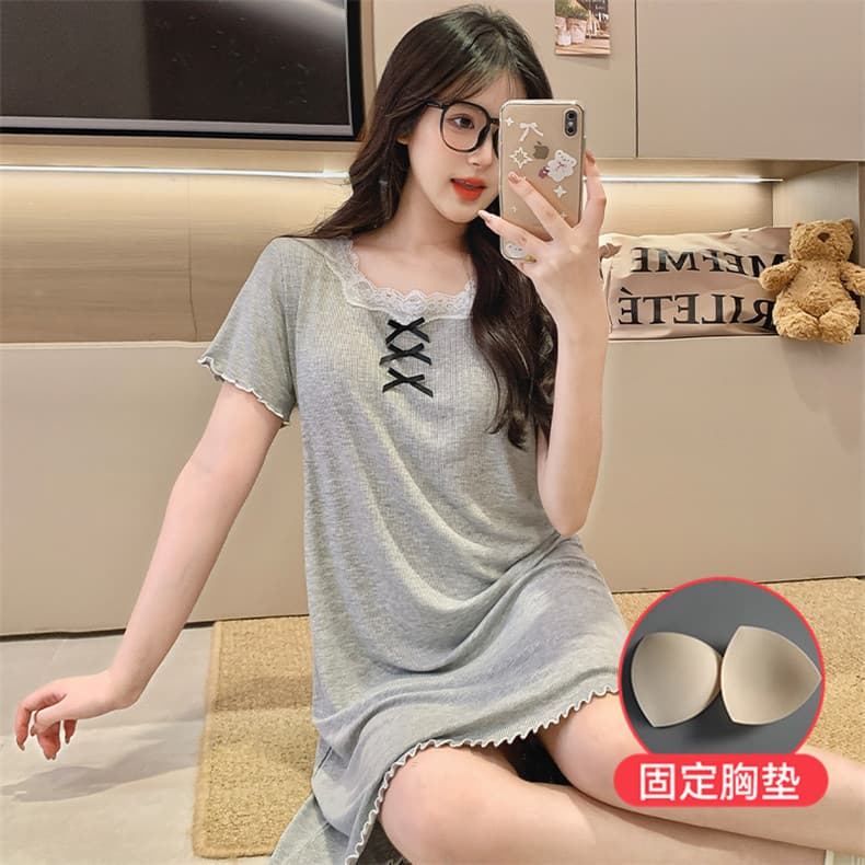 2025 Summer Short Sleeve Sleep Dress with Built-in Bra, Women's Sporty Modal Nightgown, Loose Fit Plus Size Loungewear