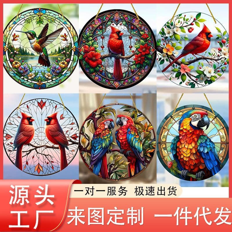 2024 Cross-border Round Acrylic Art Creative Bird Parrot Theme Home Wall Decoration Hanging Living Room Mural