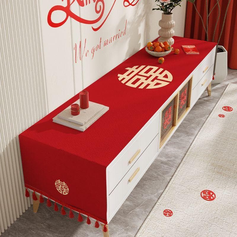 Wedding TV cabinet tablecloth wedding red festive decoration long tablecloth sideboard cabinet shoe cabinet Xi character cover cloth