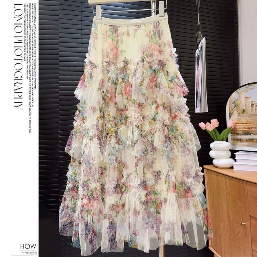 Korean-style Layered Tulle Fairy Long Puff Cake Skirt with Floral Print, French Lace Trim Tulle Half Skirt