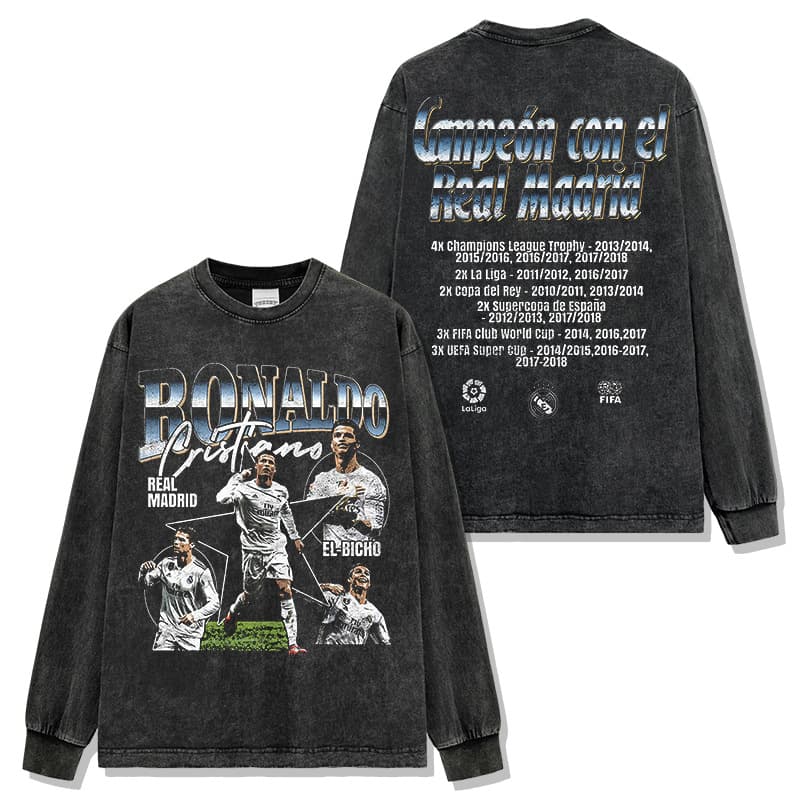 American retro Ronaldo championship commemorative printed T-shirt Champions League king fried snowflakes distressed half-sleeved round neck