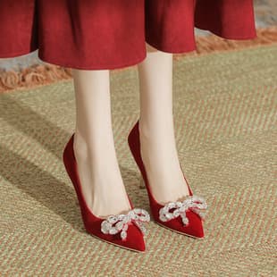 Xinzhi Lan New Wedding Shoes Stiletto Heel Pointed Toe Rhinestone Bow Gold Heel Red Velvet High Heels Bride