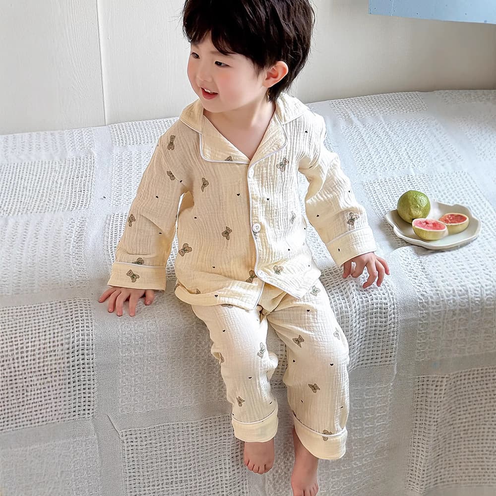Children's Homewear Spring/Autumn Pure Cotton Double-Layer Gauze Turn-Down Collar Long-Sleeve Boys' Pajamas 2026 New Style Girls' Set