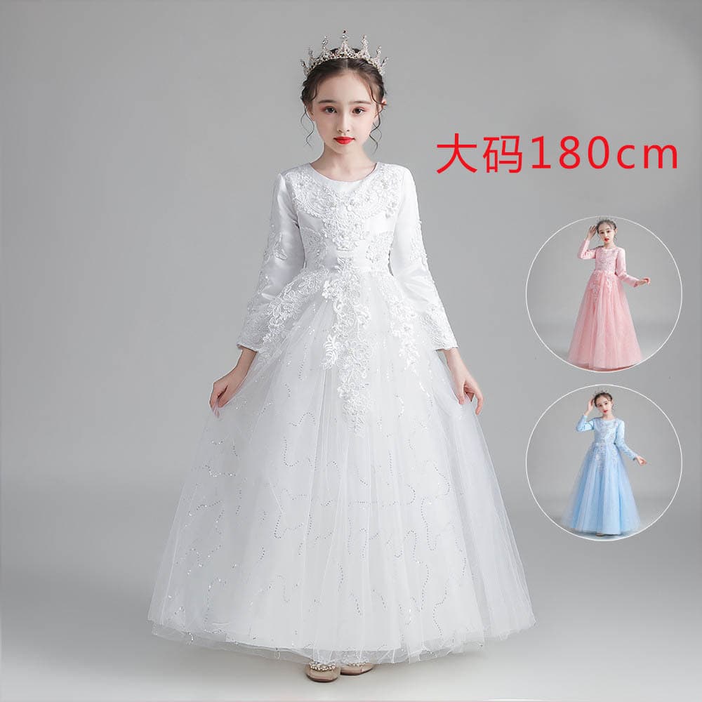 Girls' new long-sleeved plus velvet solid color mesh princess tail host dress (large size 180cm)