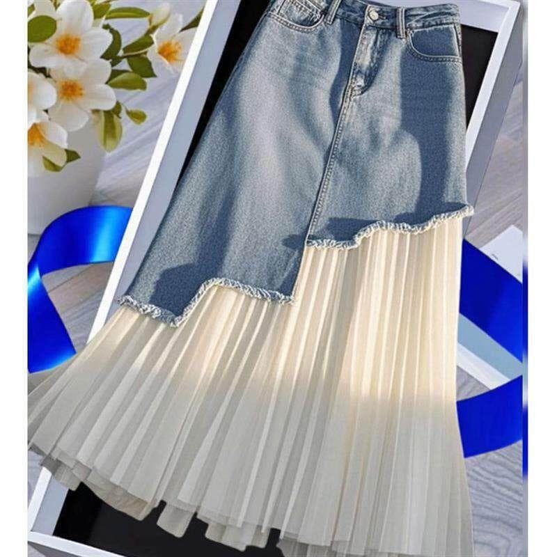 Plus Size 300lb Denim Midi Skirt High Waist Slimming Design Summer New