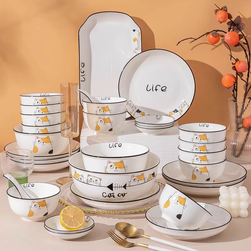 Bowl Jingdezhen Tableware Bowl Dish Cat Rice Bowl Noodle Bowl Soup Bowl Household High-end Bowl Plate Couple Housewarming Bowl Chopsticks