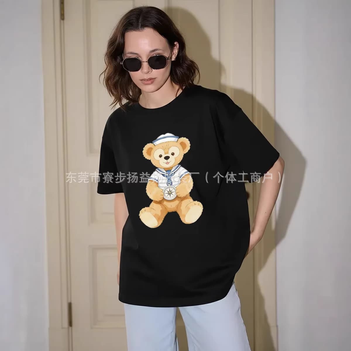 100% Pure Cotton Short-Sleeved T-Shirt, New Summer Style, Fun, Age-Defying, Comfortable, Bear Print, Loose, Simple, Chic Top