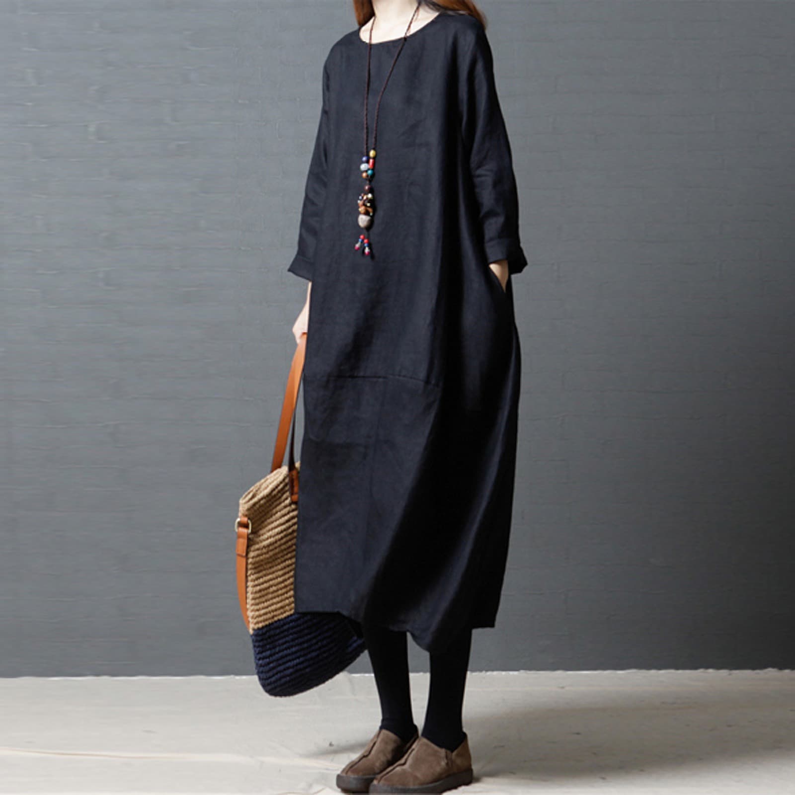Vintage Artistic Cotton Linen Long Dress Women Loose Plus Size Round Neck Long Dress Autumn New Style Elegant Robe