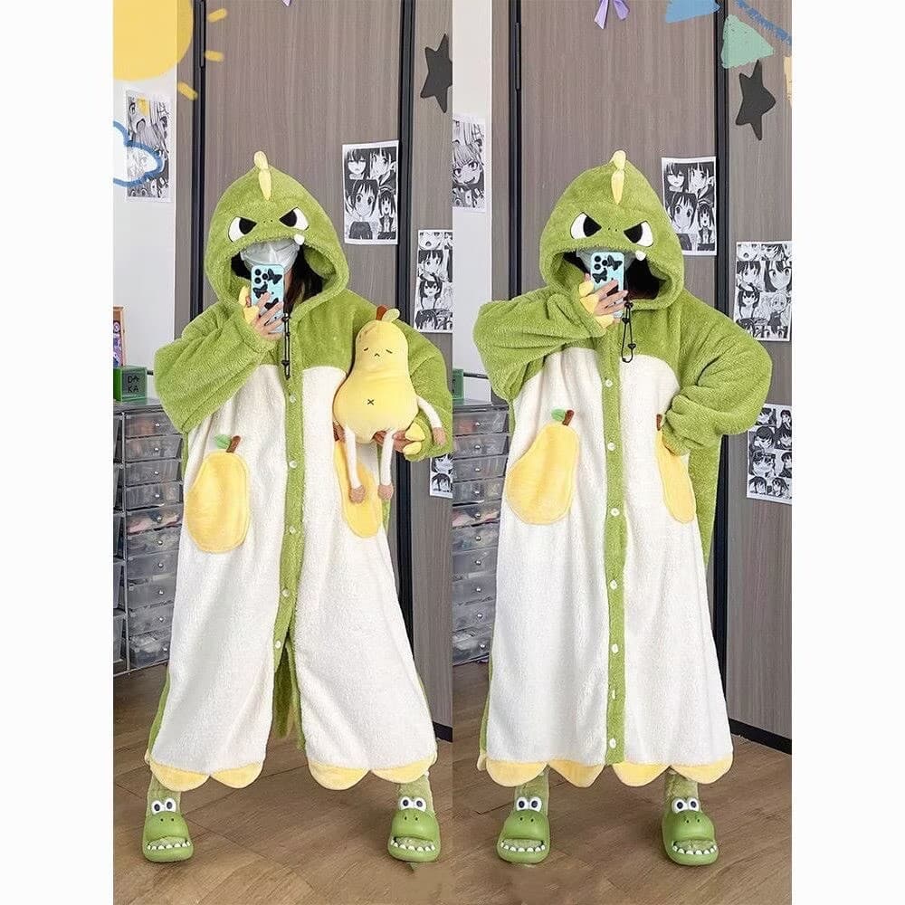 Dinosaur Pear Pajamas for Women, Winter Thickened Warm Autumn Student Cute Bathrobe, Korean Version with Fleece, Thick Long Style