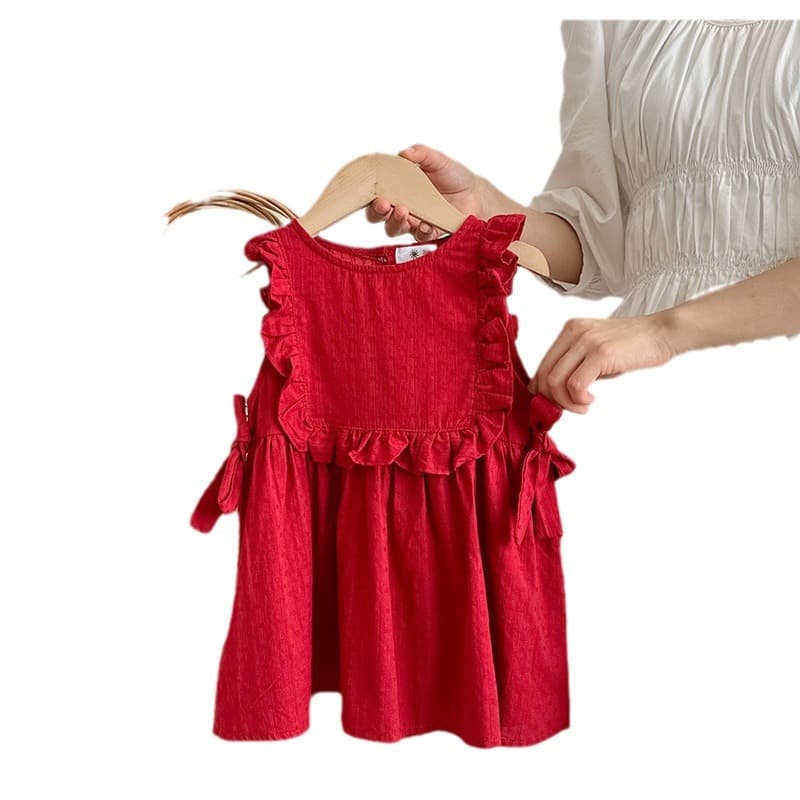Korean-style children's summer new arrival sweet and stylish jacquard vest lotus leaf dress red summer dress