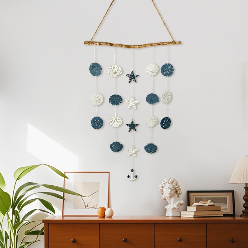 Ocean Wind Chime Woven Hanging Wooden Shell Decoration Children's Room Wall Hanging Mediterranean Shell Starfish Hanging Ornament
