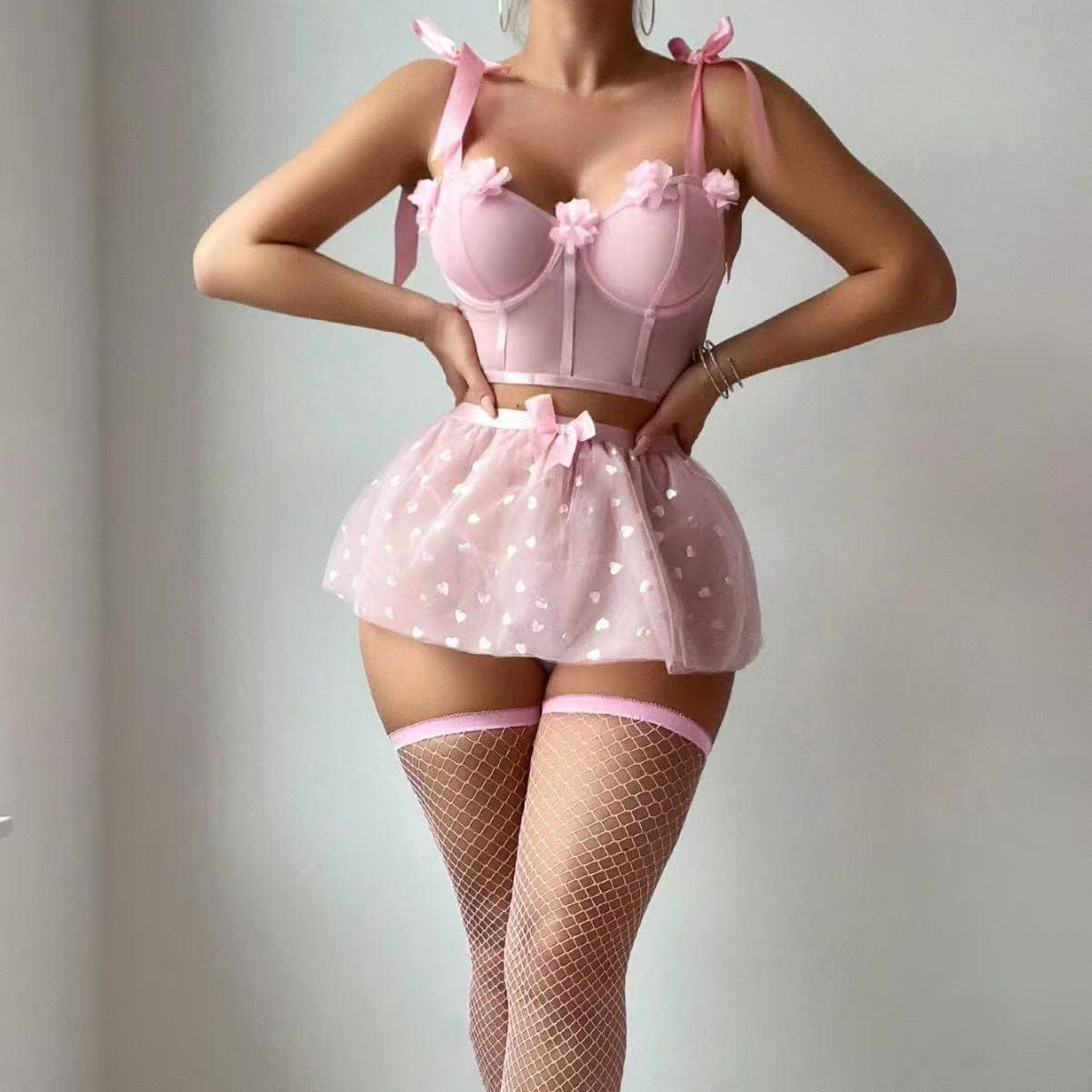 Export Stock Cross-Border Europe and America Sexy 3D Flower Bow Tie Sequin Mesh Skirt Lingerie Set