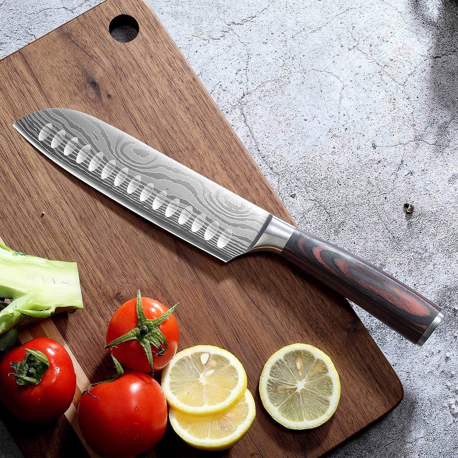 Cross-border Damascus Pattern Chef Knife Stainless Steel Knife Japanese Santoku Knife Colored Wood Handle Knife