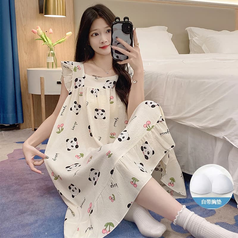 Summer Camisole Sleep Dress with Padded Bra for Women, Thin, Sweet Fairy Style, Bubble Cotton, Wearable Outside, Hot Selling Wholesale