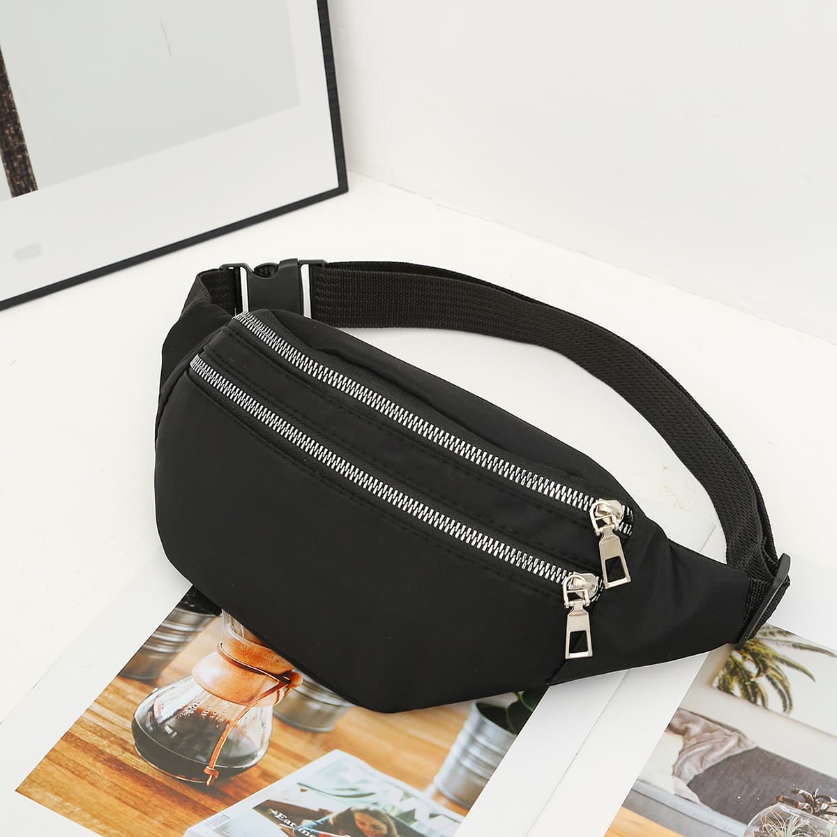 Women's Waist Bag Black Versatile Fashion Chest Bag Trendy Outdoor Sports Crossbody Bag Large Capacity Multi-Layer Simple Shoulder Bag