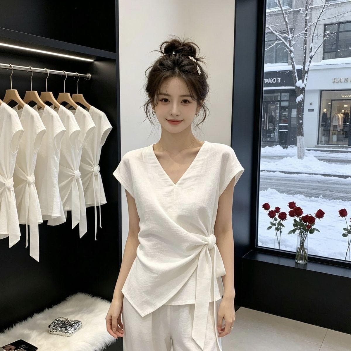 Korean Minimalist Irregular Tie V-Neck Blouse for Women 2026 Summer New Fashionable Youthful Shirt