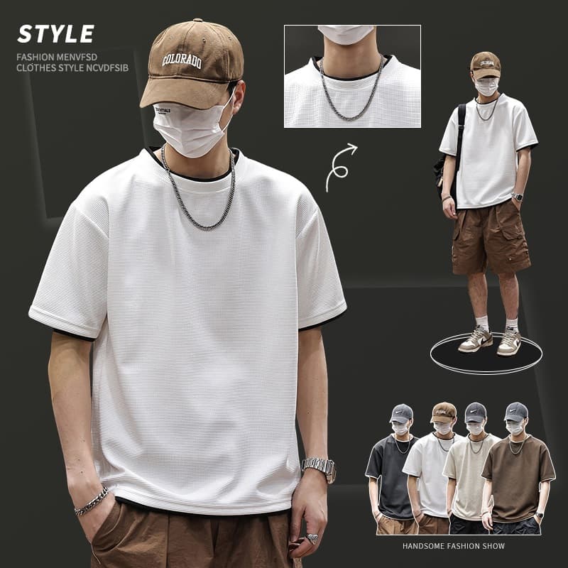 Men's American-Style Fake Two-Piece Short-Sleeved T-Shirt, New Summer Style, Waffle Cool Round Neck, Simple Loose Casual Top