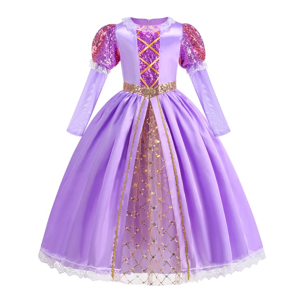 Girls Long Hair Princess Dress Long Sleeve Sequined Mesh Skirt Hot Selling Export Purple Dress Halloween Costume