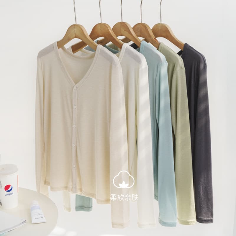 Women's Korean-style V-Neck Knit Top, Solid Color Summer Air Conditioning Cardigan, Long Sleeve Tencel Open Front, Slim Fit