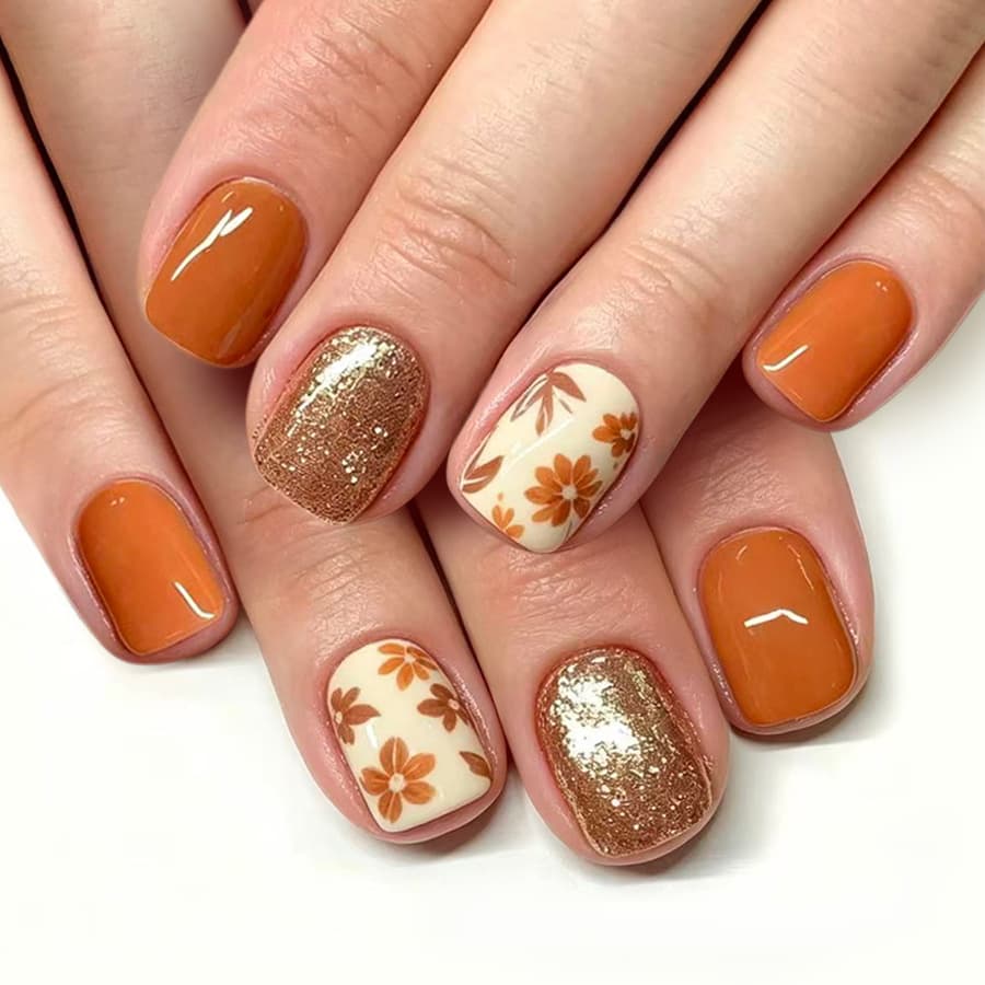 Short Square Glossy Nails European American Cross-Border Trade Autumn Winter Brown Maple Leaf Floral Gentle Glitter Press-On Nails 24 Pieces