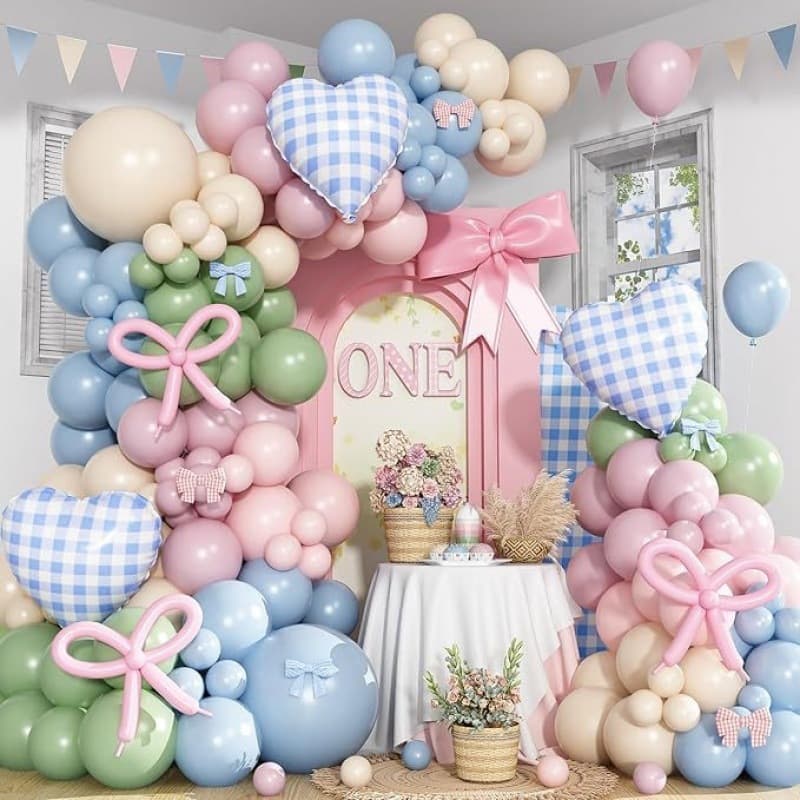 Pink, Blue, and Green Balloon Set with Heart-Shaped Foil Balloons Suitable for Baby Showers, Birthday Parties, and Bachelor Parties
