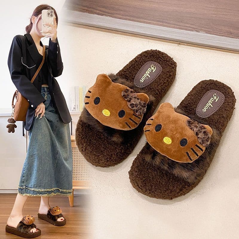 Leopard Print Hello Kitty Furry Slippers for Women, Autumn and Winter New Style, Outdoor Wear, Niche Edgy Style, High Appearance, Lamb Fleece, Indoor Cotton Slippers