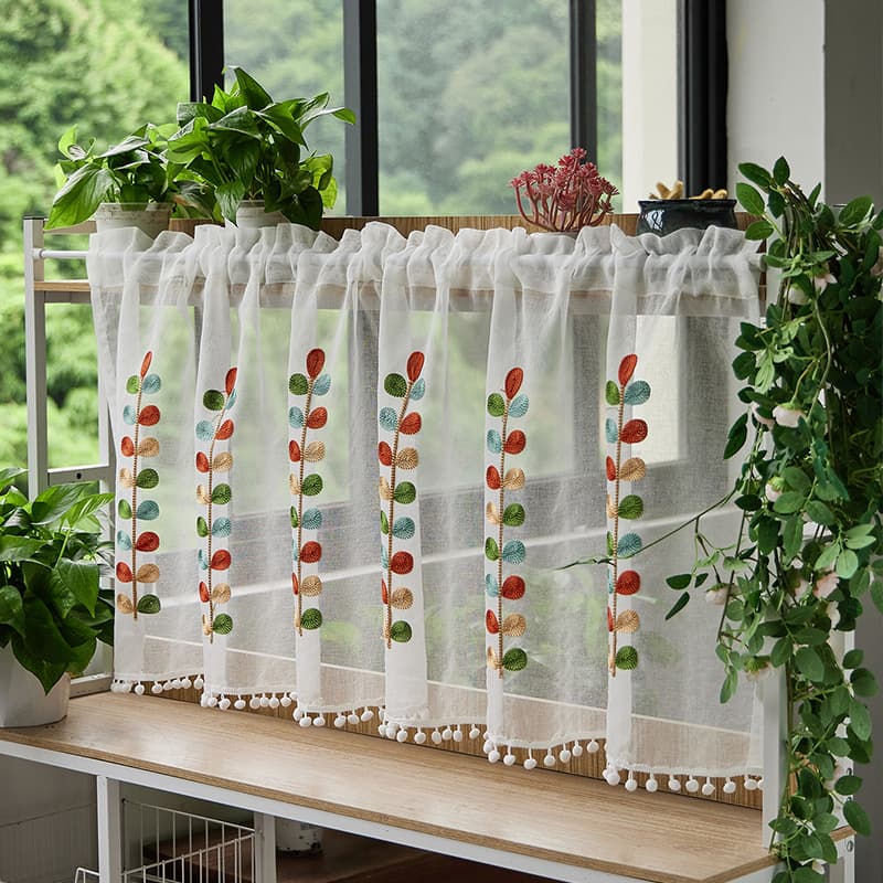 Elegant Coffee Leaf Embroidered Polyester Curtain Semi-Panel Kitchen Cabinet Door Curtain Modern Simple Style Home Decor