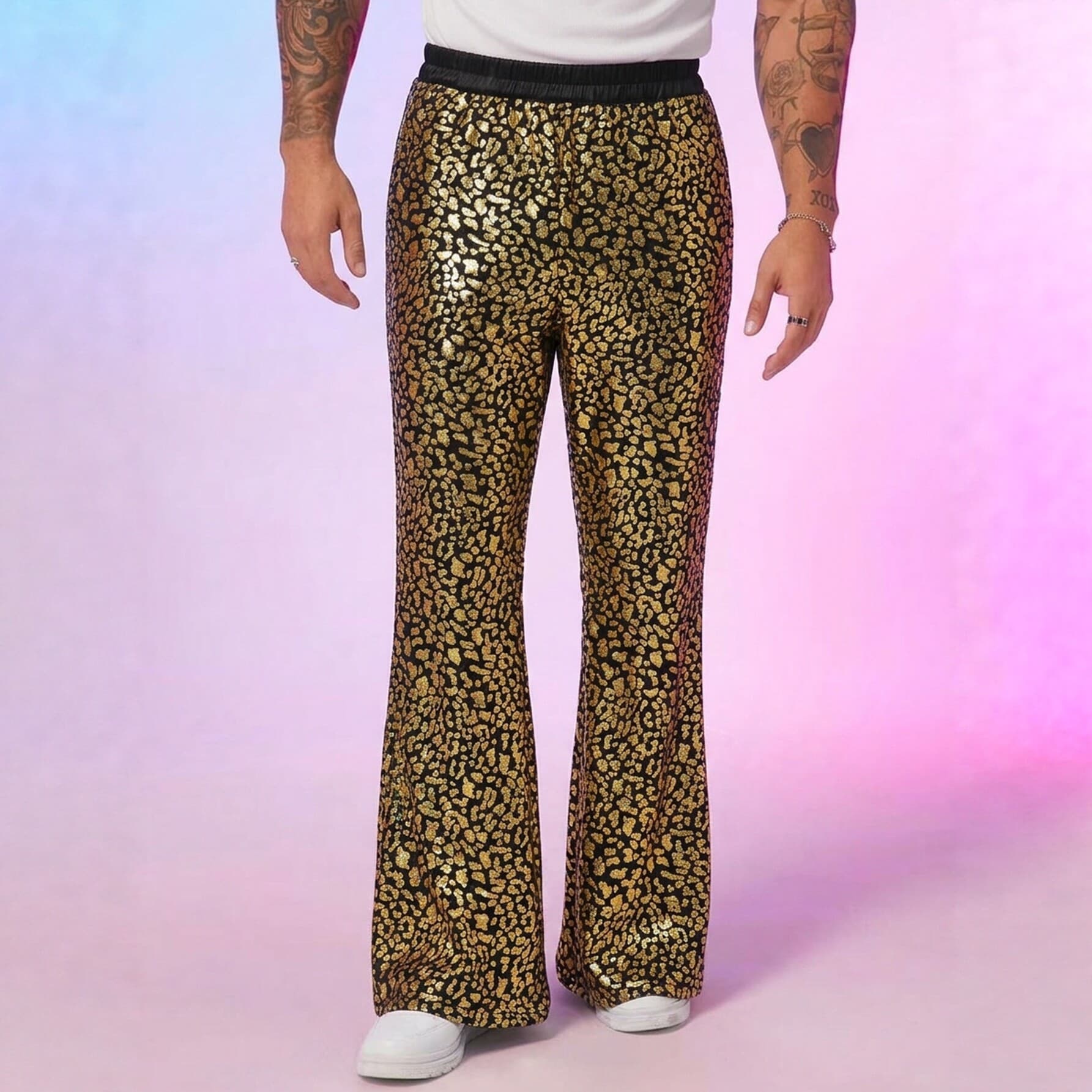 European and American trendy men's leopard print casual pants, sequined bronzing wide-leg trousers, nightclub hip-hop street style men's clothing