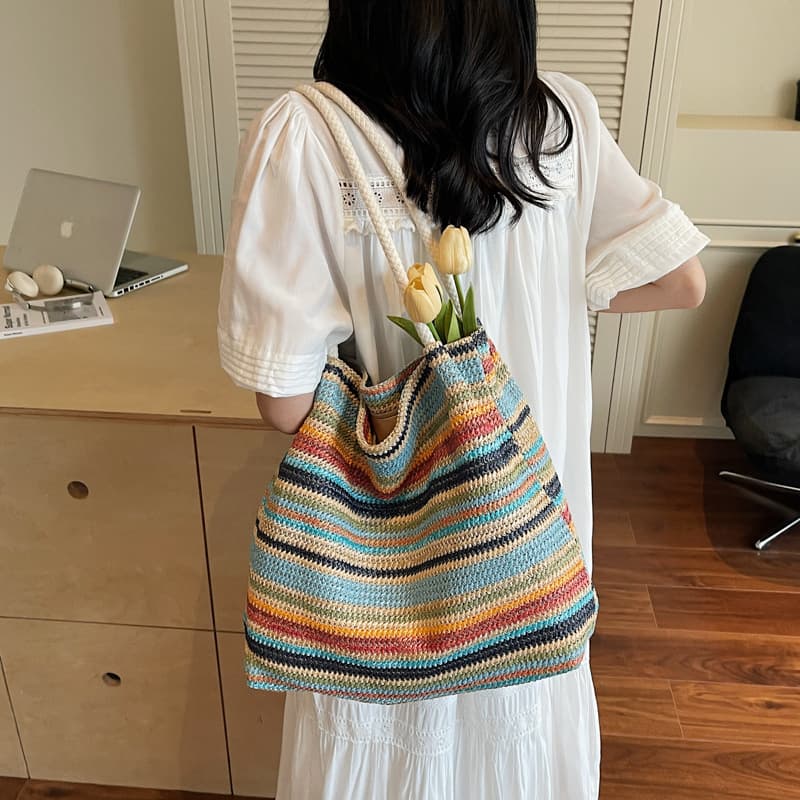 Xiaohongshu Viral Rainbow Contrast Stripe Woven Bag Casual Large Capacity Shoulder Bag Versatile