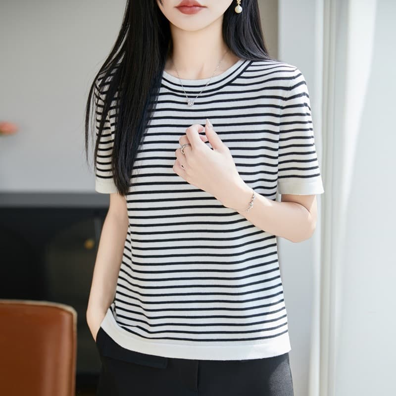 Spring/Summer New 100% Cotton Yarn Round Neck Knitted Short Sleeve Color Block Stripe Loose Base Layer T-Shirt Top