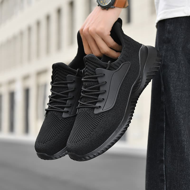 Men's Shoes Summer Breathable Thin Fly-Knit Mesh Shoes Casual Sports Shoes Men's Running Soft Sole Black Walking Shoes