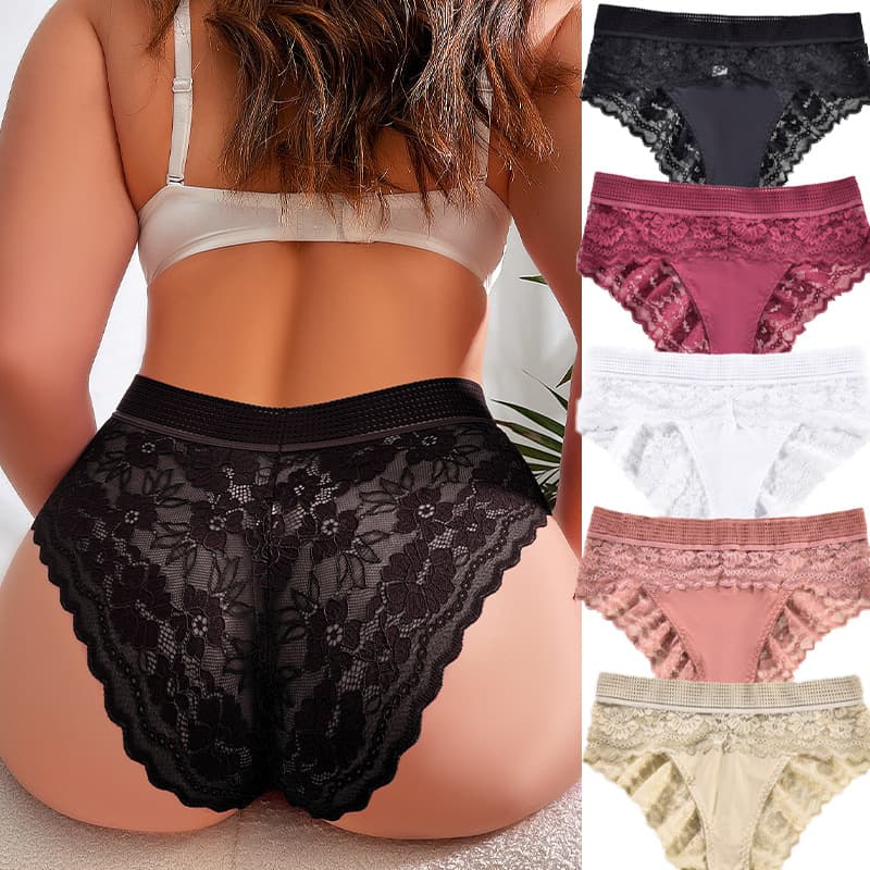 New Plus Size Women's Semi-Sheer Lace Triangle Panties with Cotton Crotch, Breathable, Tummy Control, Hip Lift, Plus Size Cross-Border