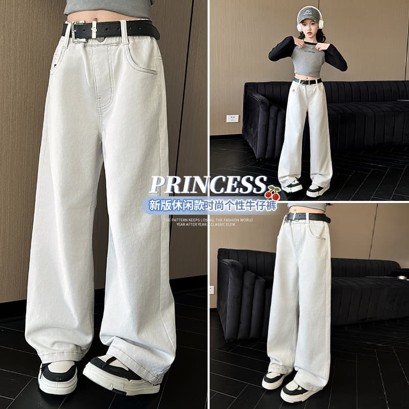 Girls White Pants Spring Autumn 2025 New Mid-Large Child Stylish Loose Denim Straight Leg Narrow Wide Leg Pants