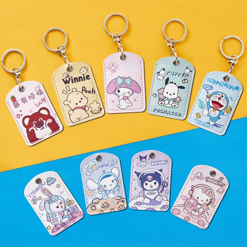 Cartoon Access Card Sleeve Rectangular Keychain, Residential Access Card Protective Cover Elevator Leather Card Sleeve with Logo Printing