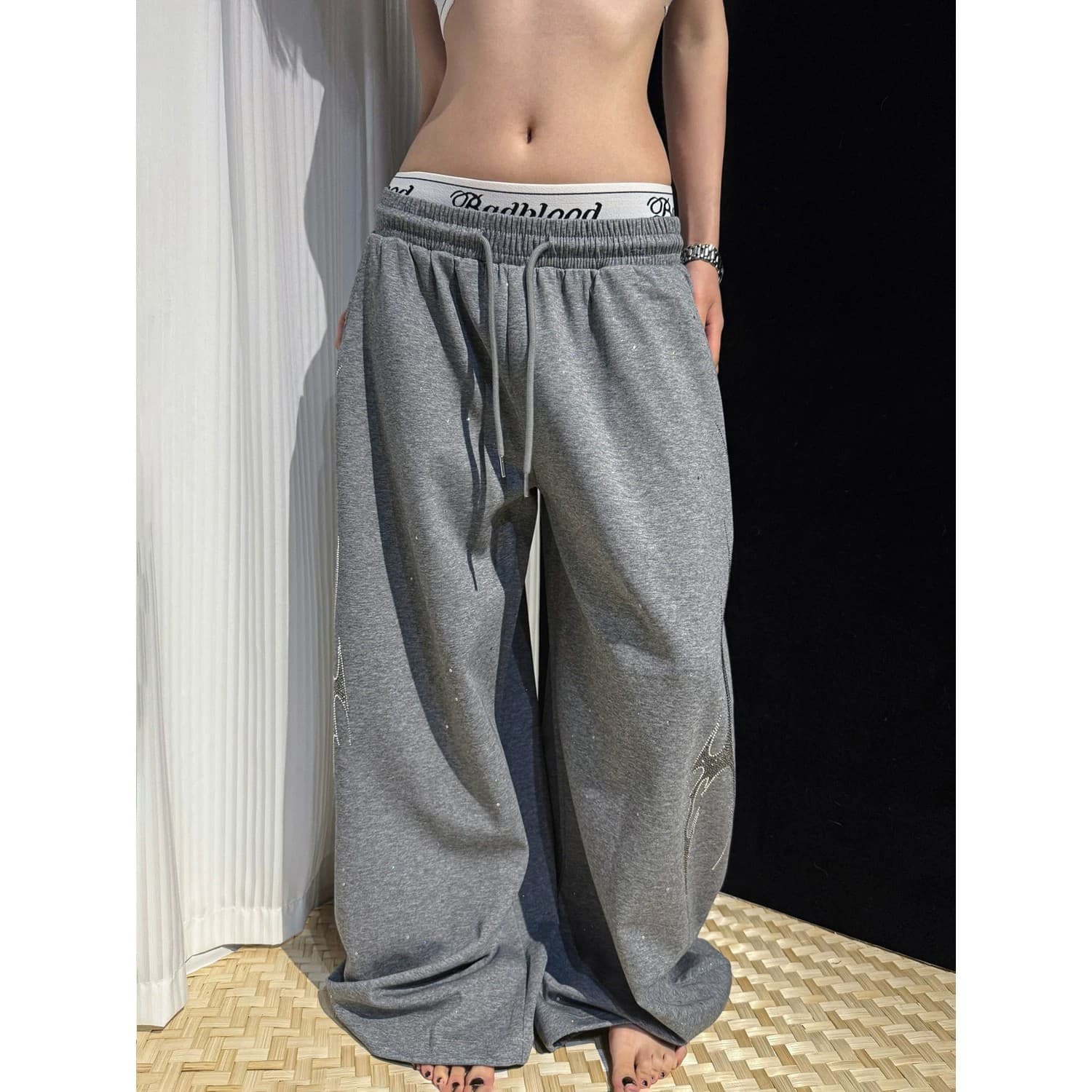 American Retro Flame Rhinestone Starry Sky Curved Sweatpants Unisex Dance Loose Design Wide Leg Casual Pants Trendy
