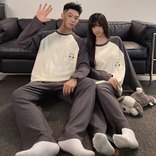 Pullover Homewear Set Spring/Autumn Plus Size Long Sleeve Long Pants Men's Pockets Couple Pajamas Women