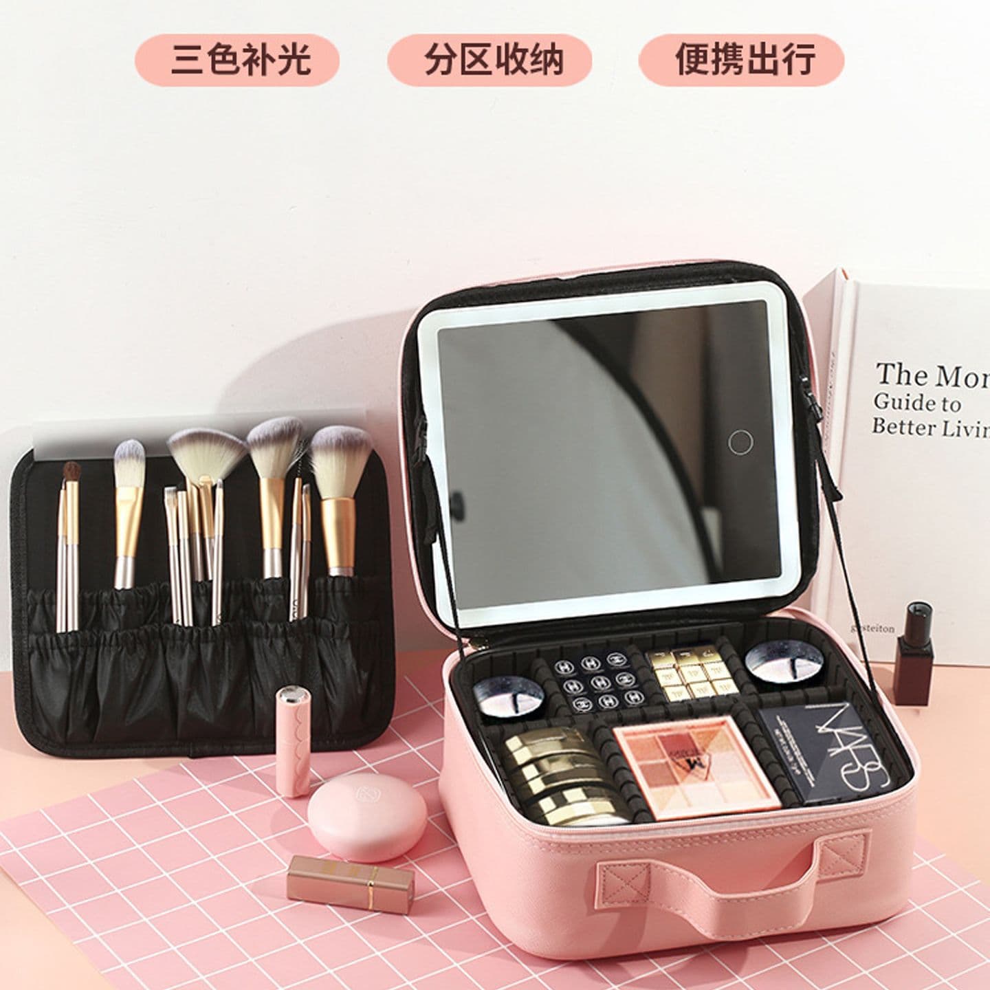 Large Capacity LED Cosmetic Bag with Mirror, Portable Travel Makeup Organizer with Compartments