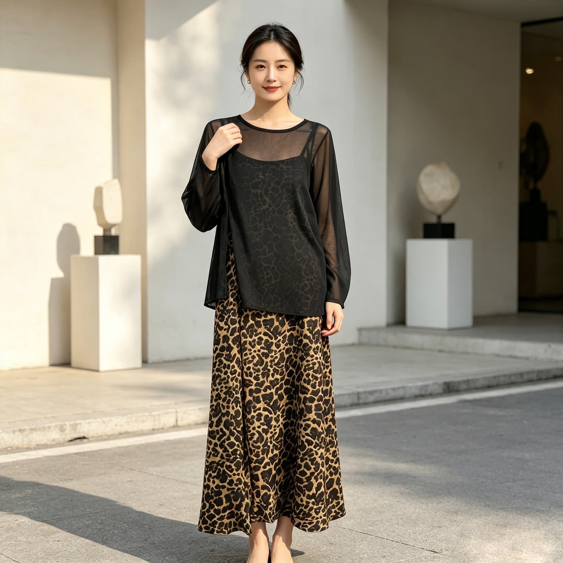 Plus size women's Korean style elegant lady suit women's summer slit black long-sleeved blouse retro leopard print skirt