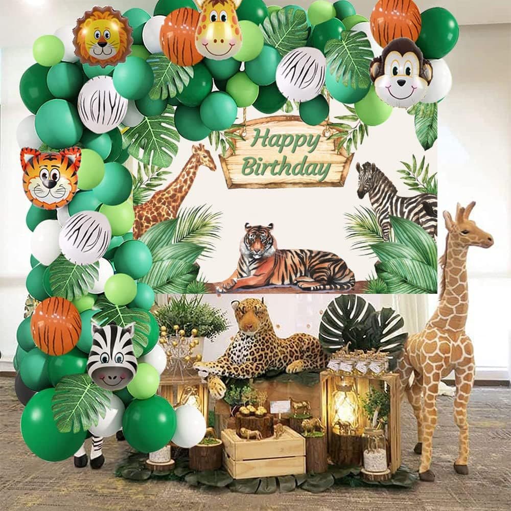 Jungle Theme Party Birthday Balloon Decoration Arch Frame Happy Birthday Background Cloth Animal Shaped Balloons