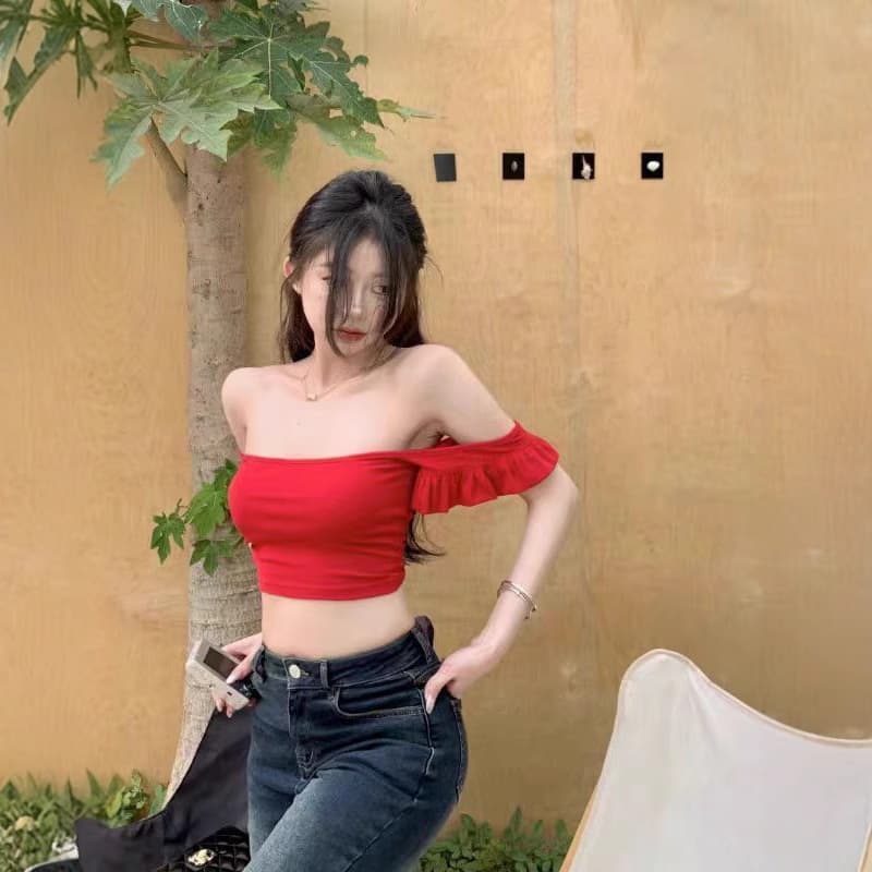 One-Shoulder Sexy Crop Top with Short Flutter Sleeves for Women, New Summer Slim Fit Stretch Wine Red Belly Tee