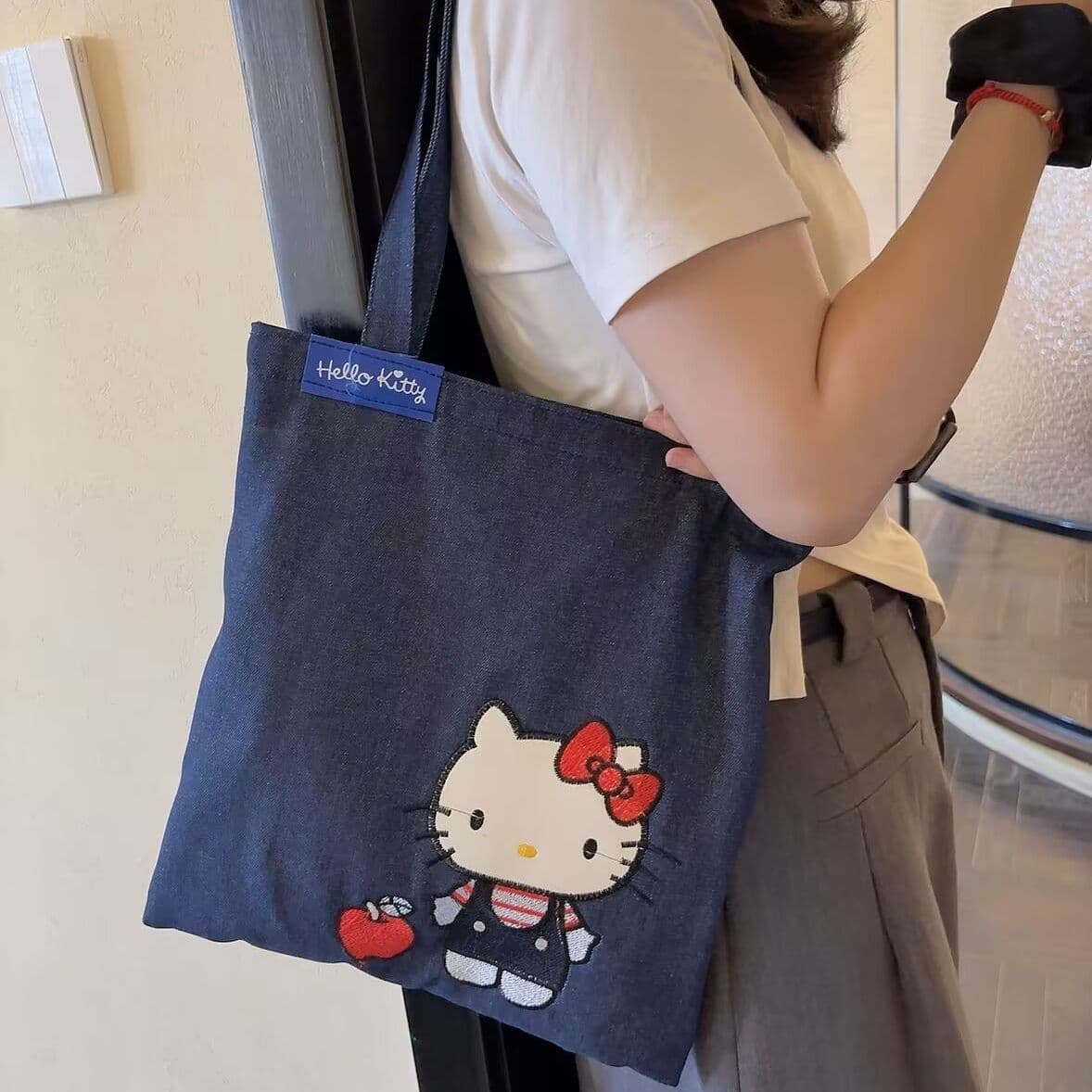 hellokitty new versatile denim embroidered cute cartoon tote single shoulder large capacity simple tote bag