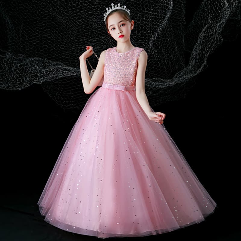 Cross-border Stock Children's Long Wedding Dress Gown Tulle Princess Dress for Ages 3-15, Performance Costume