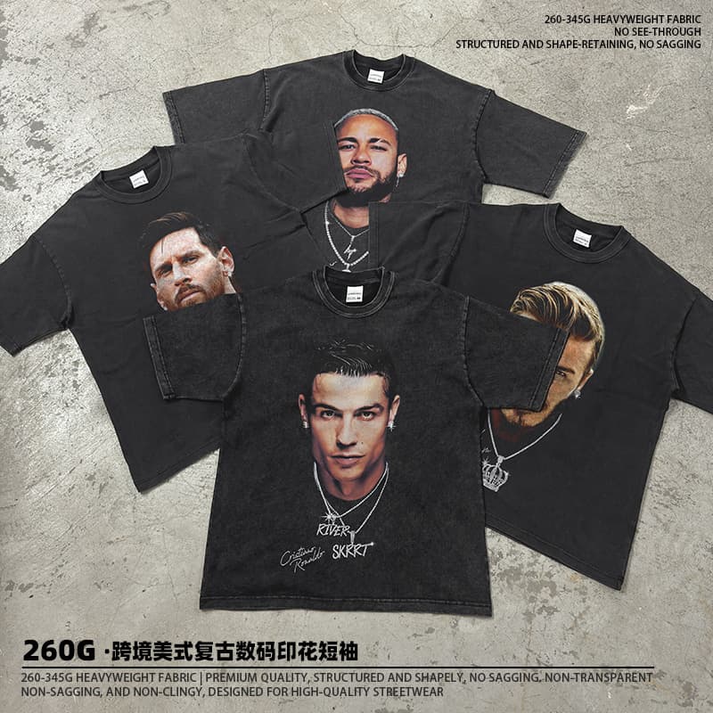 Retro American Printed Short Sleeve T-Shirt Round Neck Heavyweight Cotton Hip Hop Style Loose Fit for Teenagers and Adults