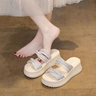 Fairy Rhinestone One-Strap Sandals for Women 2026 Summer, Thick-Soled Height-Increasing Sandals, Versatile Beach Shoes, Pairs with Dresses