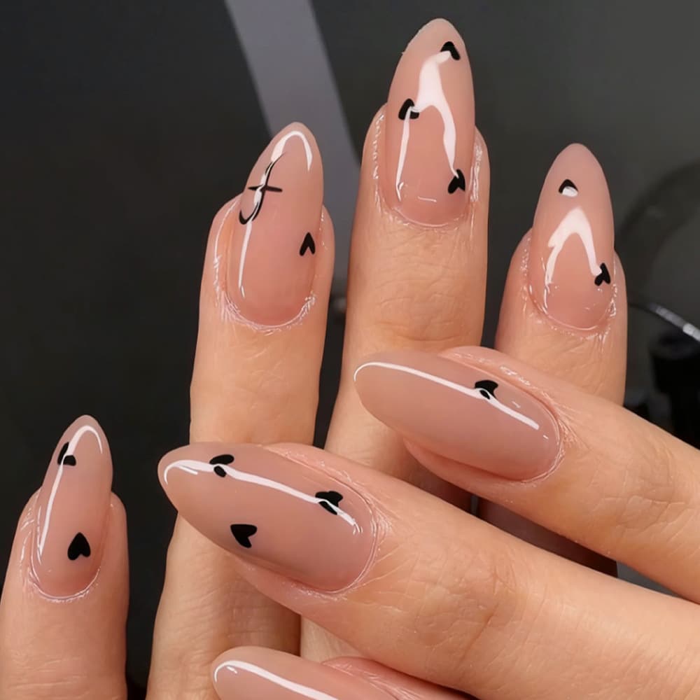 Cross-border Almond Press-on Nails Simple Fashion Black Heart Glossy Elegant High-end Press-on False Nails