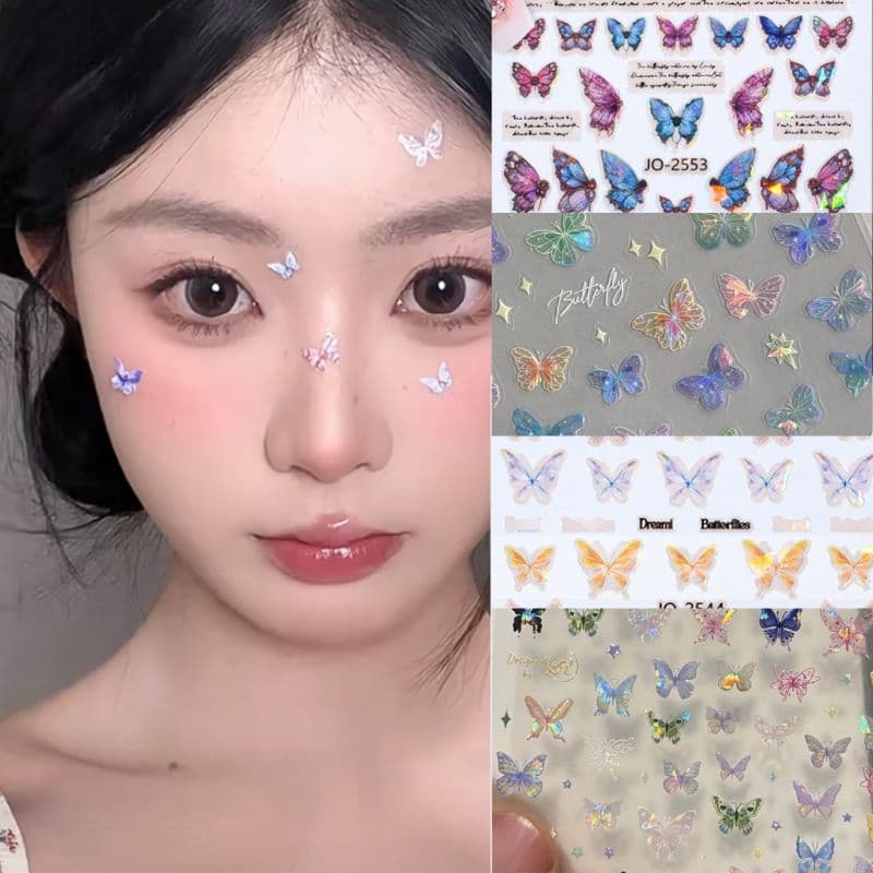 Set of 4 Aurora Butterfly Nail Stickers, Aurora Butterfly Eye Makeup and Face Stickers for Concert Stage Makeup